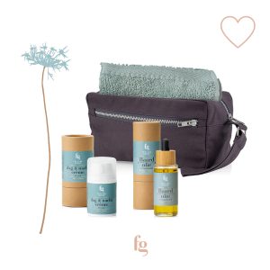 Verzorgingsset man: gezichtscrème, baardolie, toilettas, gezichtsdoekje