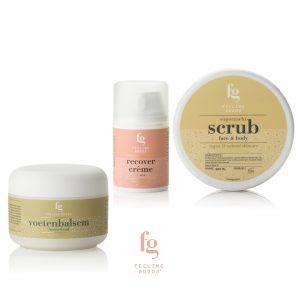 Verzorgingsset recovercrème, voetenbalsem en scrub face & body